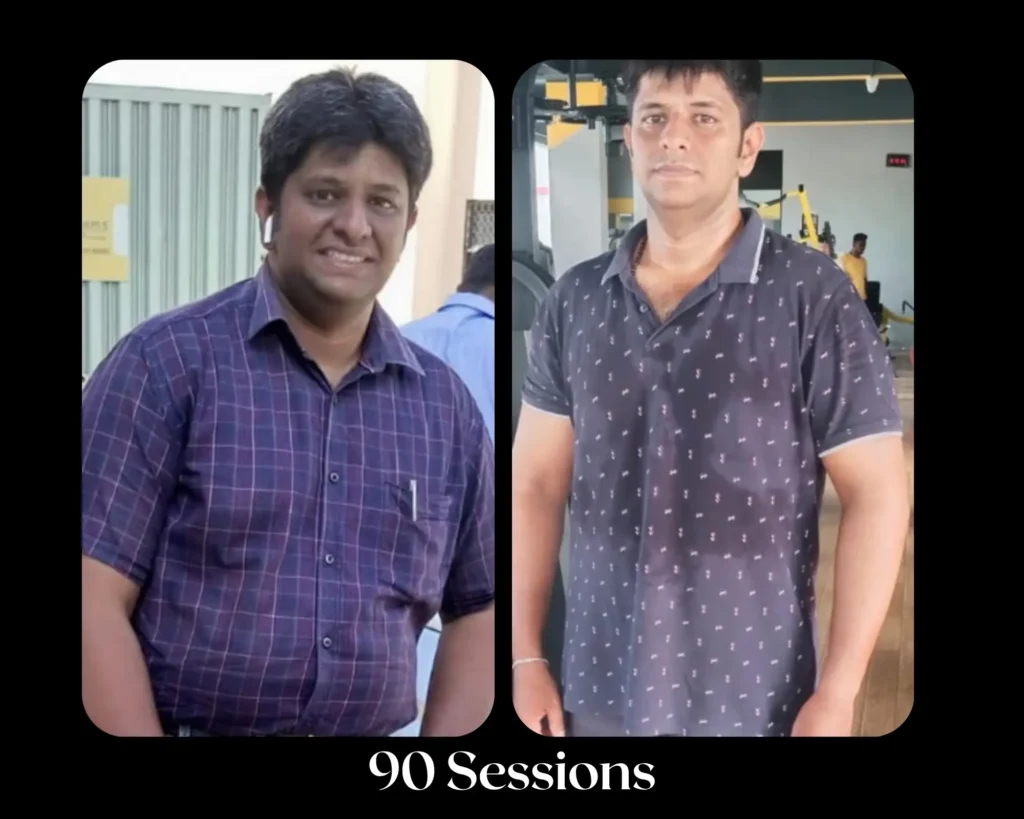 Before and after body transformation showing a 13 kg weight loss and improved muscle definition